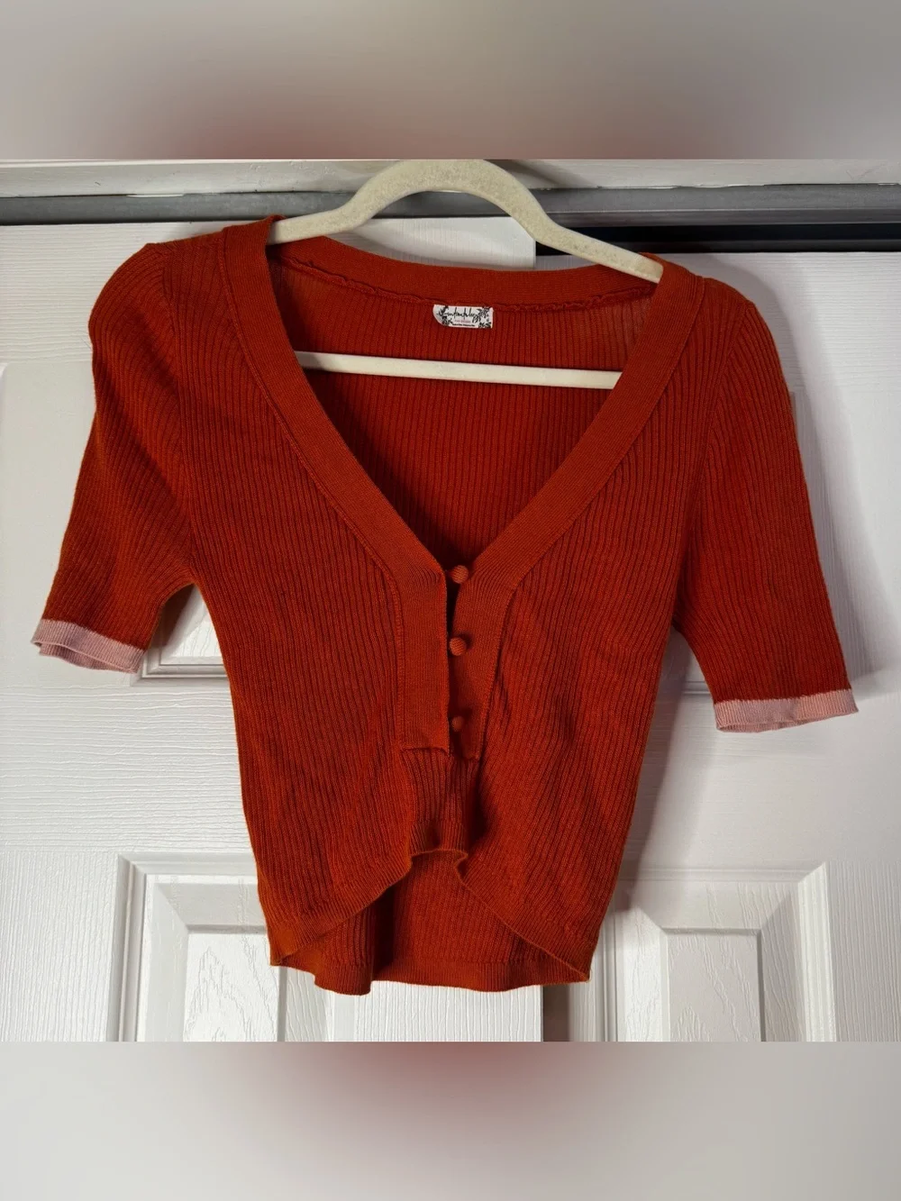 Free People Orange Ribbed V-Neck Button Short Sleeve Blouse - Size XS